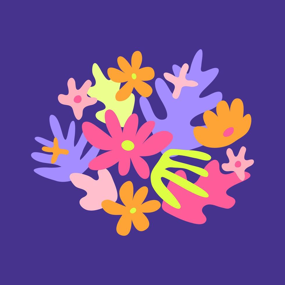 composición de doodle coloridas hojas tropicales y flores aisladas sobre fondo violeta. lindo cartel moderno. vector