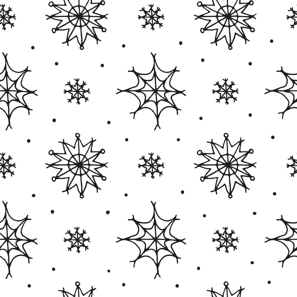 patrón transparente en blanco y negro con copos de nieve de tinta de garabatos dibujados a mano. vector