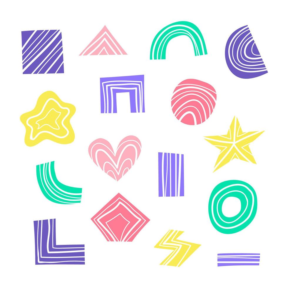 Set of doodle geometric striped abstract shapes and figures including triangle, circle, square, star, heart isolated on white background. vector