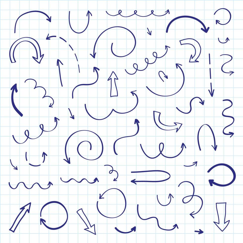 conjunto de flechas de marcador dibujadas a mano aisladas en el fondo del papel cuadriculado. vector
