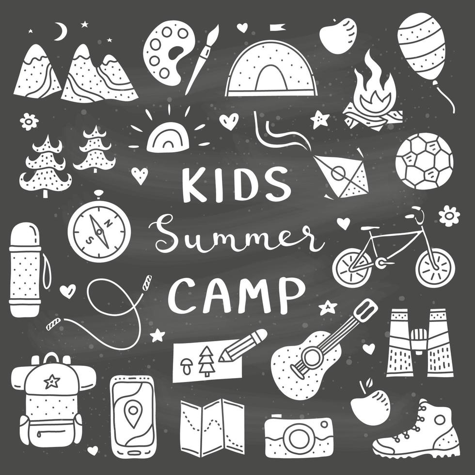 Poster template with cute doodle kids camp, outdoor icons and lettering isolated on the blackboard. vector