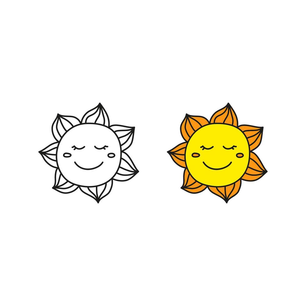 Doodle outline and colored happy smiley sun icons isolated on white background. vector