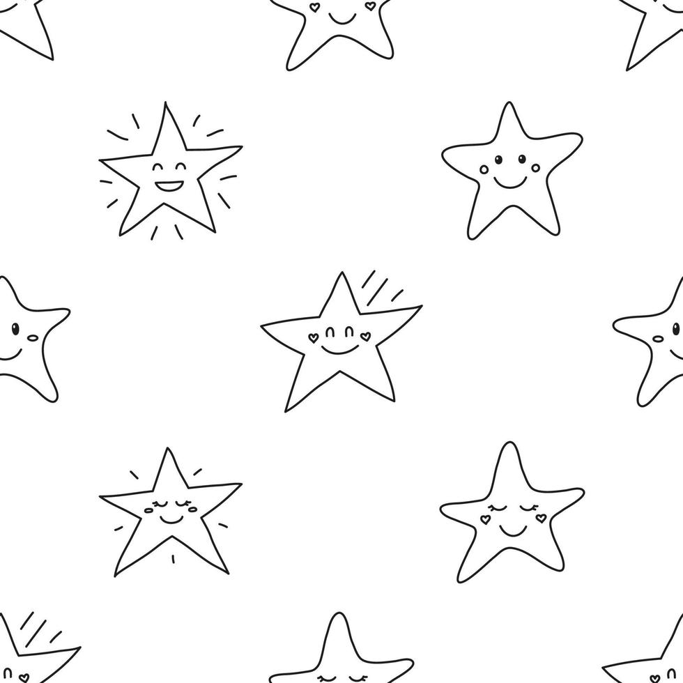 Black and white seamless pattern with doodle outline happy stars. vector