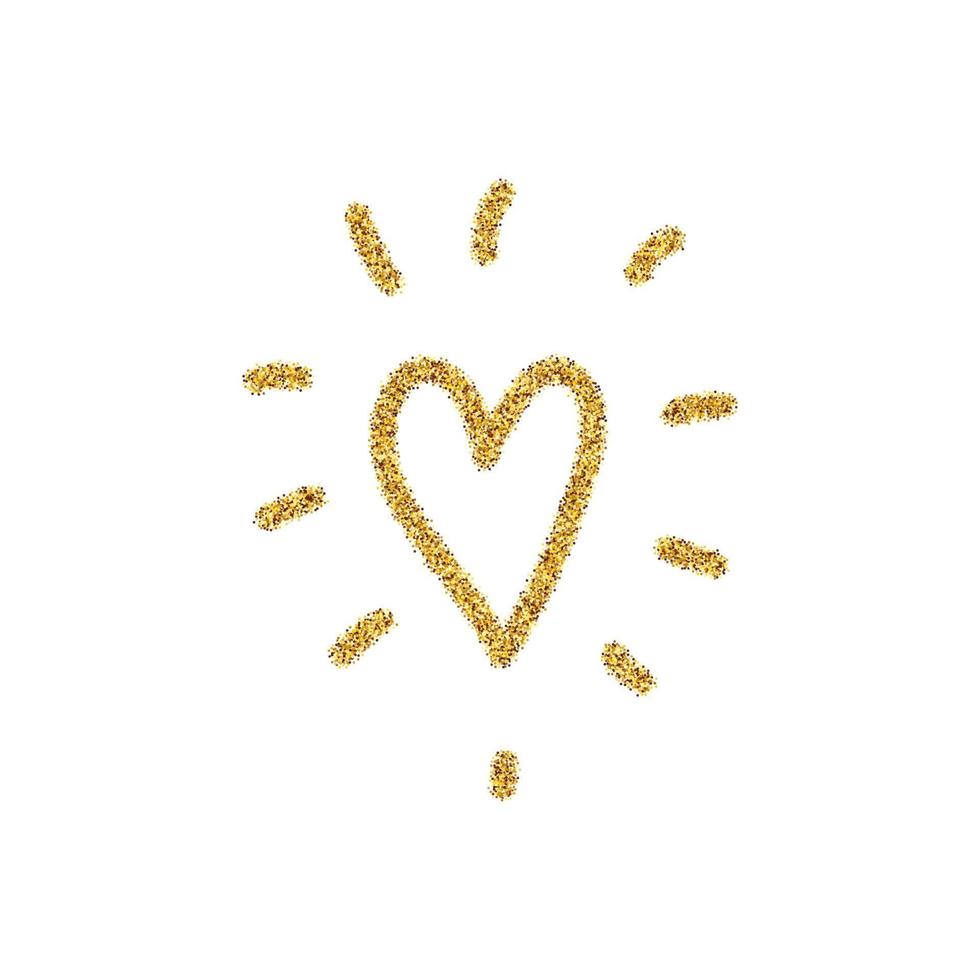Golden glitter heart with sunburst isolated on white background. vector