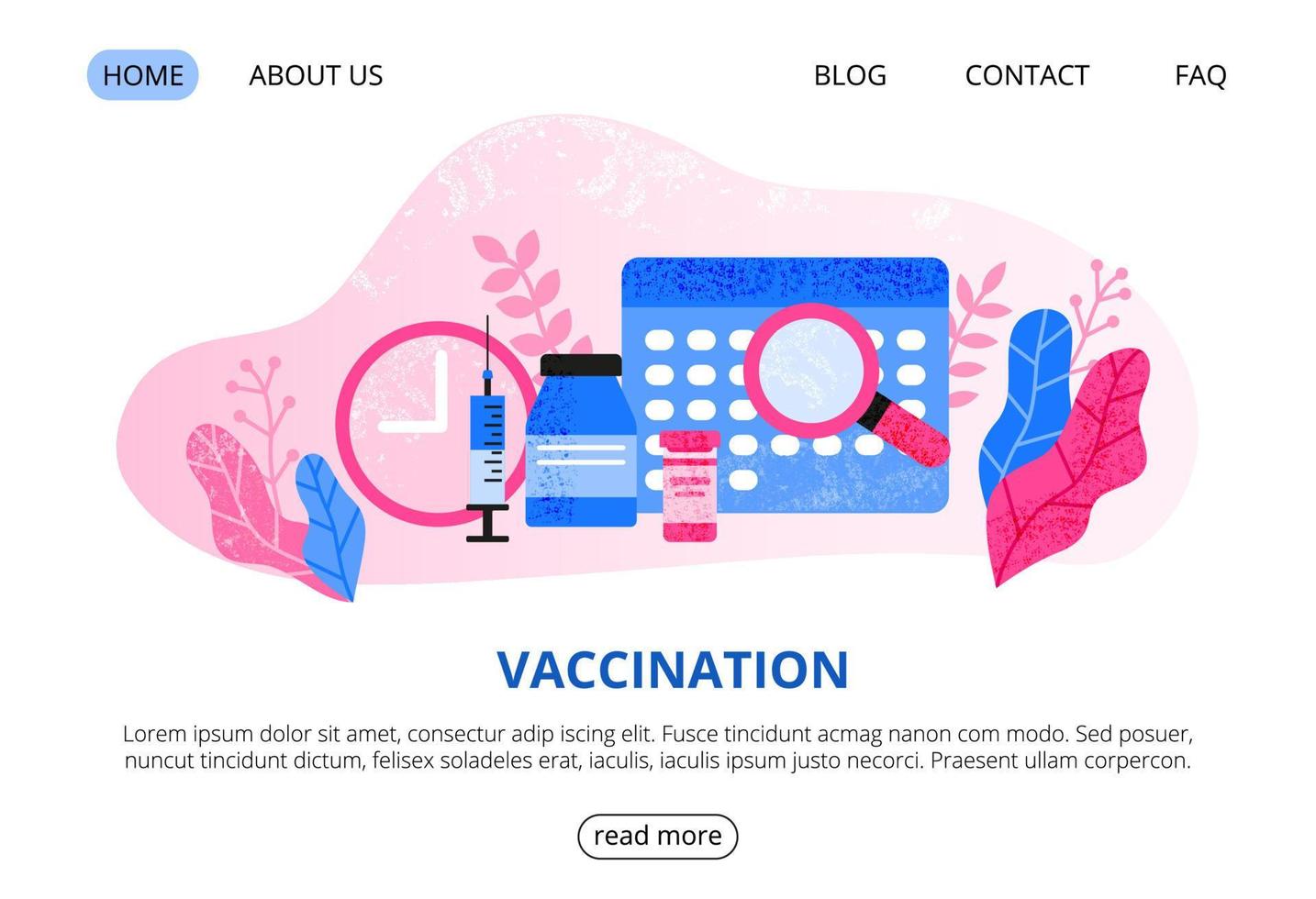 Web page template with big medical syringe, pills, clock, calendar, loupe, leaves. Time to vaccination. Landing page concept. Modern flat vector background.