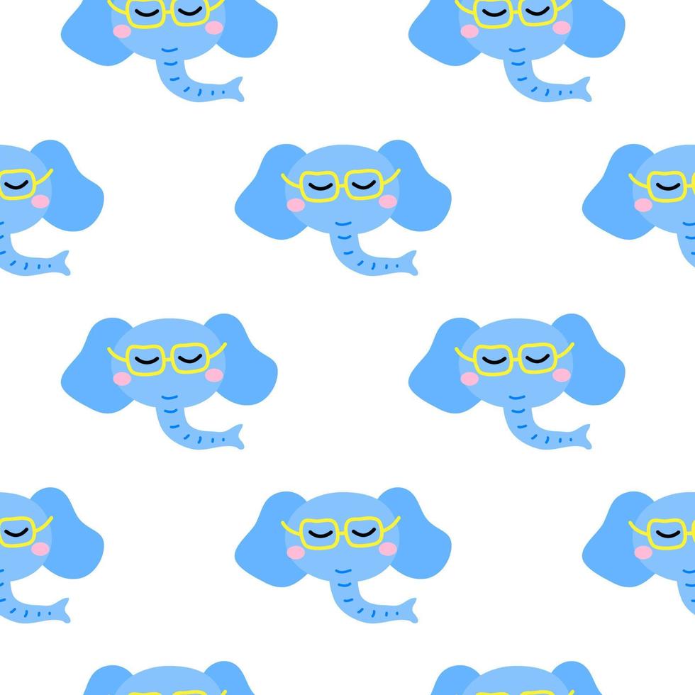 Seamless pattern with doodle blue elephant faces. vector