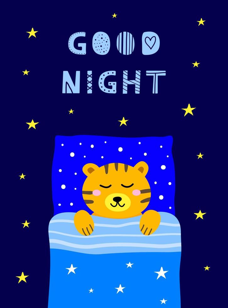 Poster with scandinavian lettering and doodle sleeping tiger in bed with pillow, blanket. vector