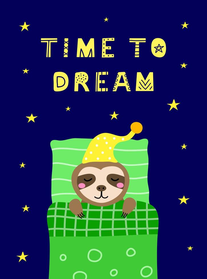 Poster with scandinavian lettering and doodle sleeping sloth in bed with pillow, blanket. vector