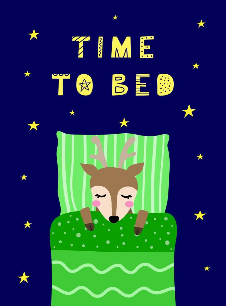 Poster with scandinavian lettering and doodle sleeping deer in bed with pillow, blanket. vector