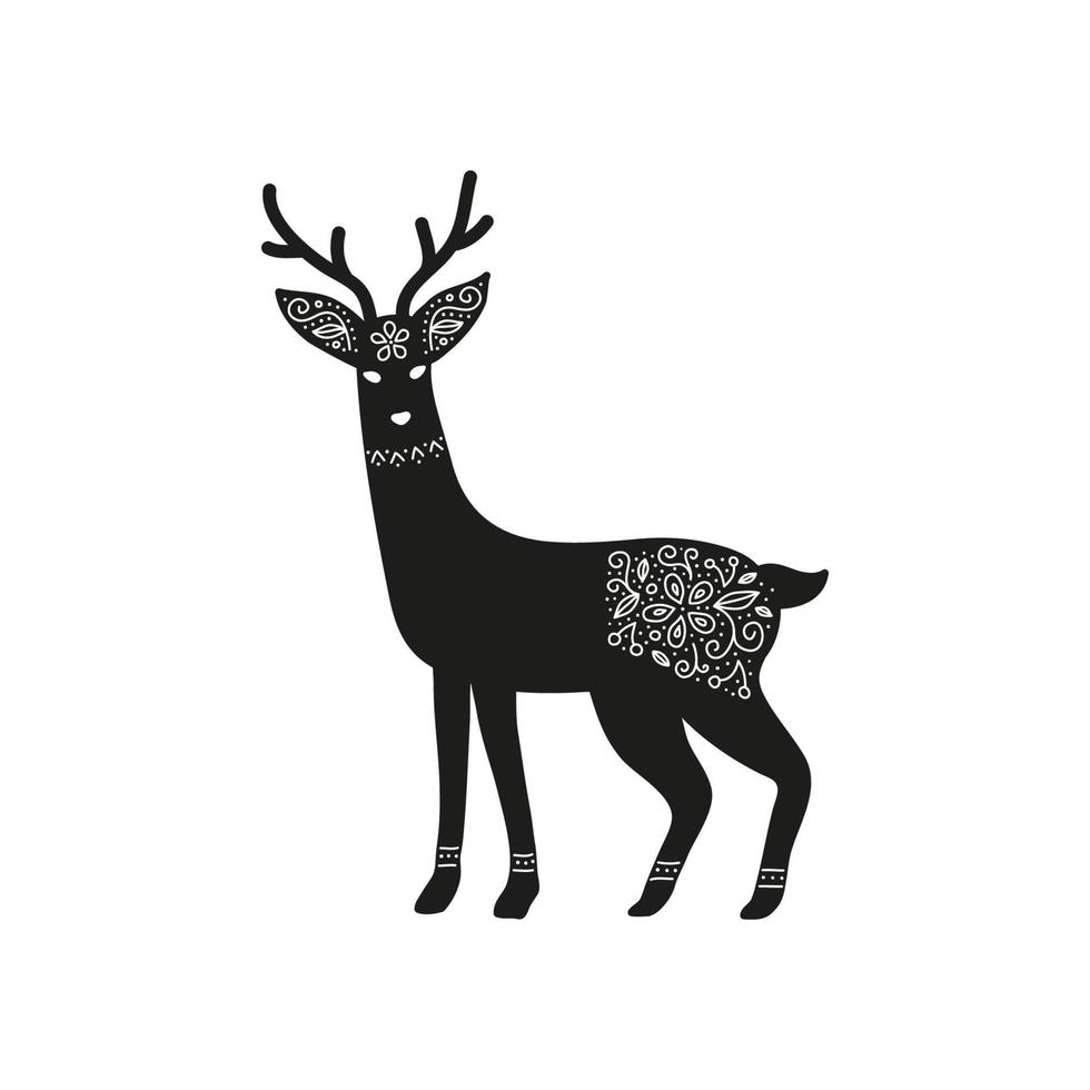 Doodle black deer with ornament in scandinavian folk art style isolated on white background. vector