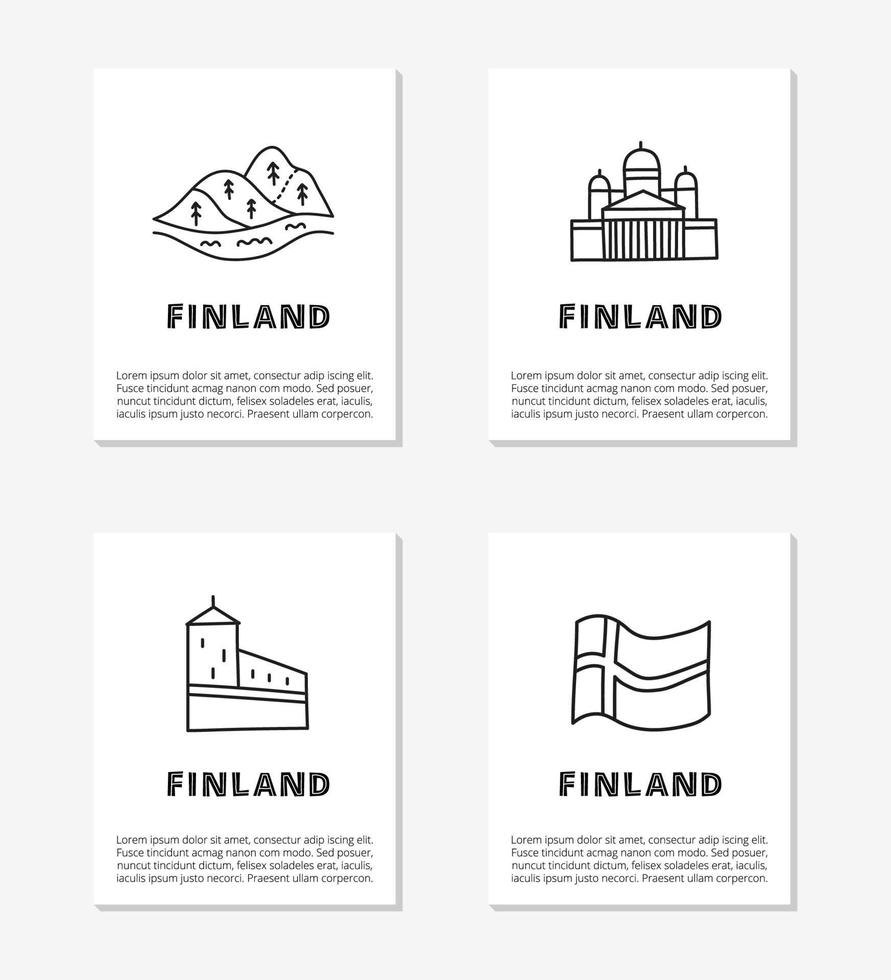 tarjetas con letras y garabatos delinean iconos de finlandia, incluida la catedral de helsinki, las colinas, el castillo de olaf, la bandera aislada en el fondo gris. vector