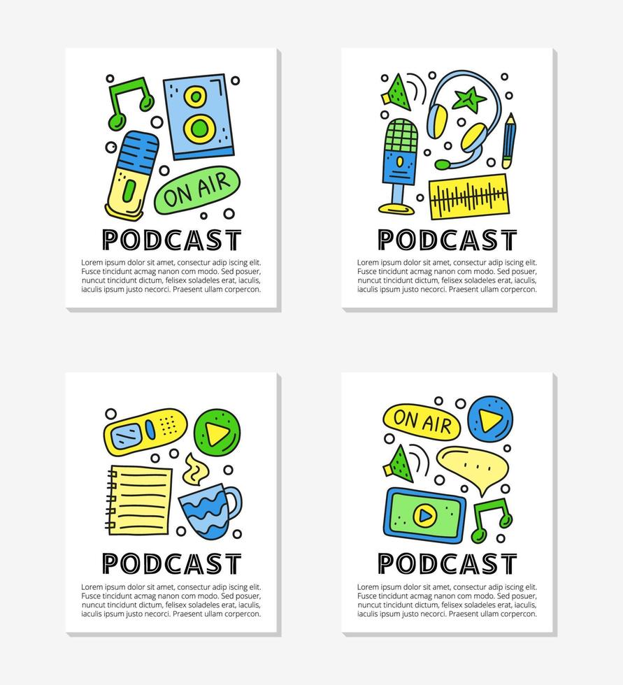 Cards with lettering and doodle colored podcast icons including notes, tablet, headphones, microphone, voice recorder, play button, loudspeaker, speech bubble, etc isolated on grey background. vector