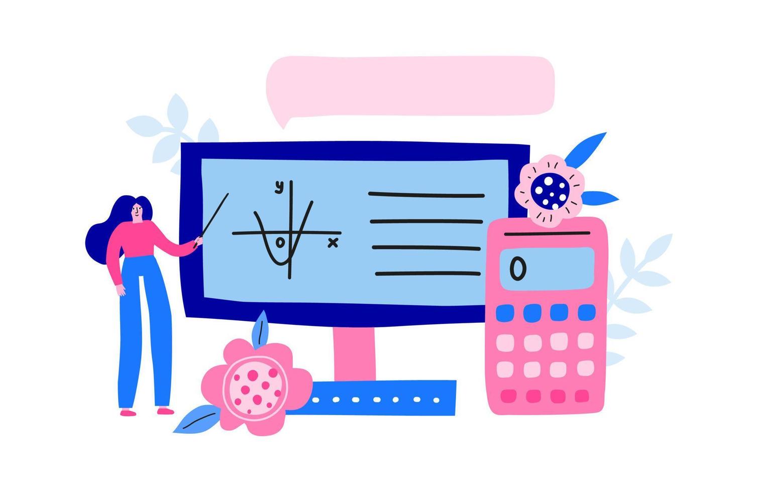 Horizontal banner with big colorful computer, teacher, formula, calculator, speech bubble. Home schooling, online mathematics lesson. Landing page concept. Modern flat doodle vector background.