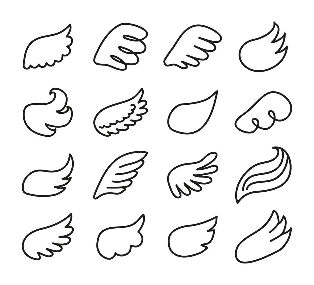 Set of different doodle outline angel wings isolated on white background. vector