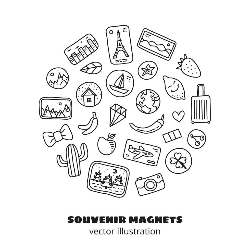 Doodle colored souvenir magnets or stickers composed in circle shape. vector