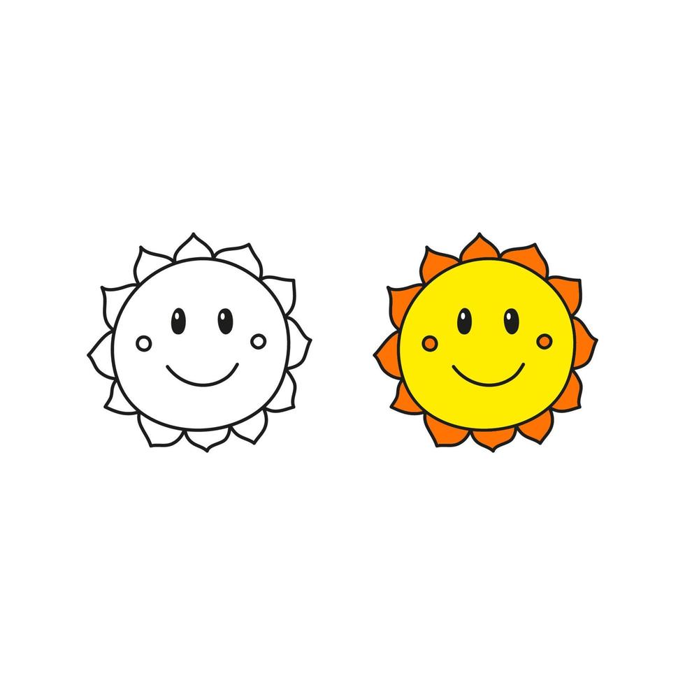 Doodle outline and colored happy smiley sun icons isolated on white background. vector