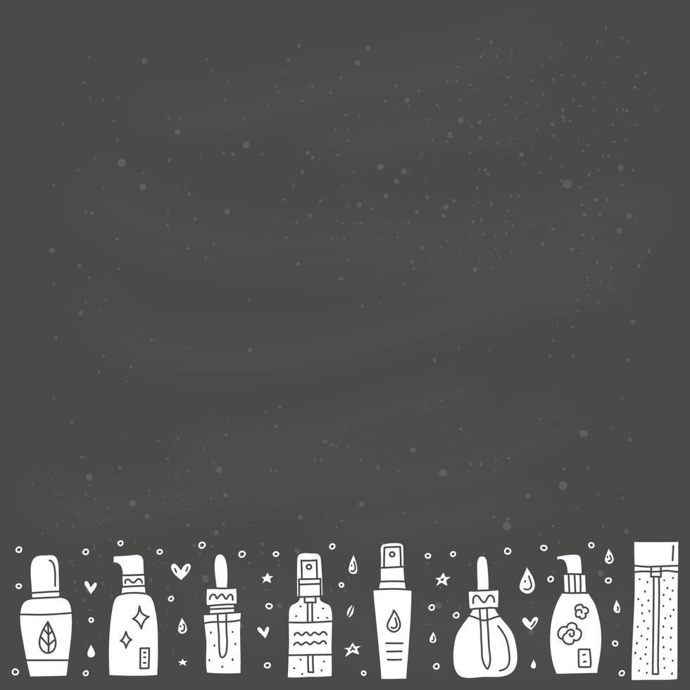Poster with doodle skin care serum, ampoule, essence bottles and chalkboard background. vector