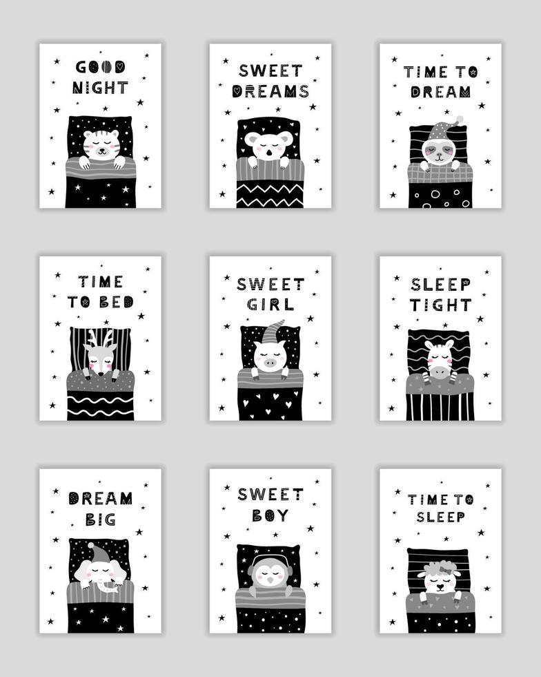 Set of black and white posters with animals sleeping in beds and scandinavian lettering. vector