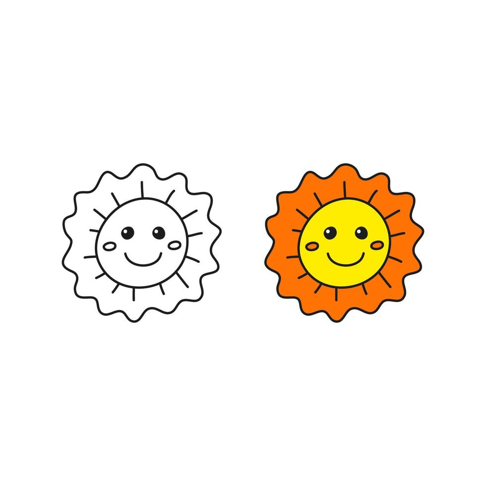 Doodle outline and colored happy smiley sun icons isolated on white background. vector