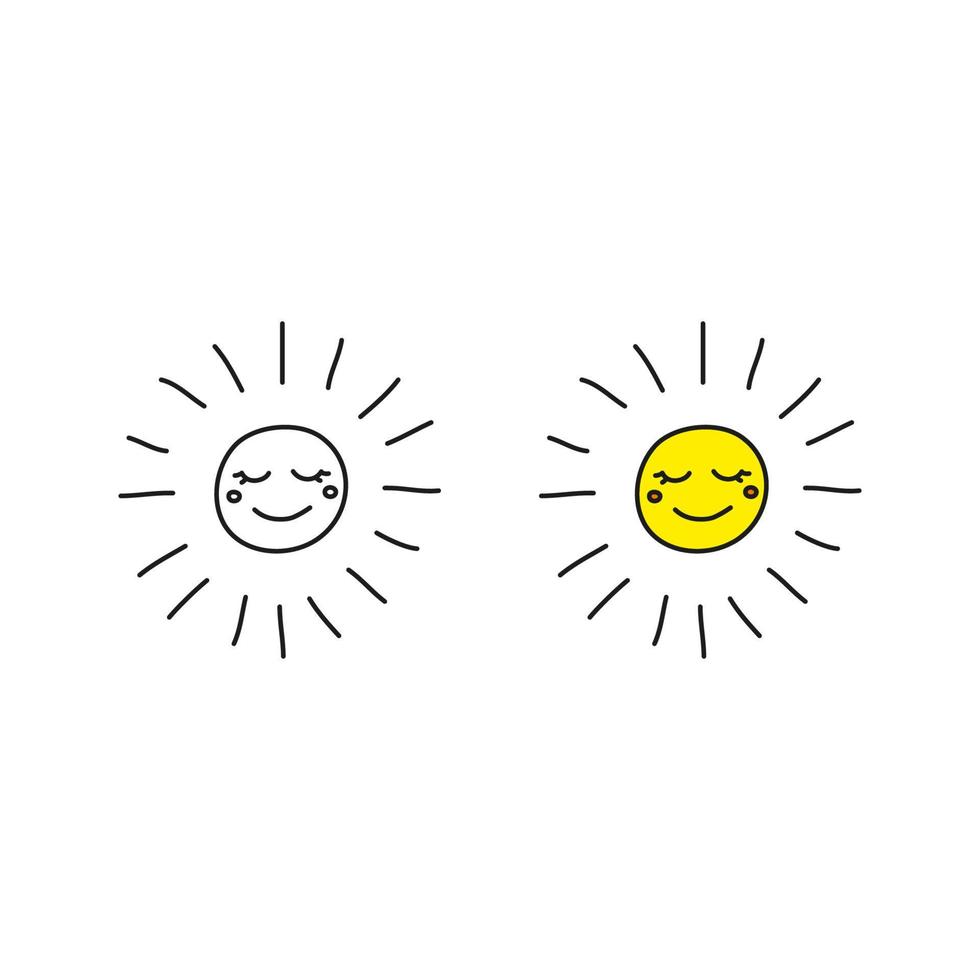 Doodle outline and colored happy smiley sun icons isolated on white background. vector