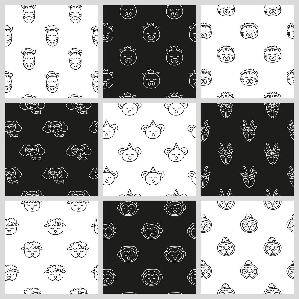 Set of black and white seamless patterns with doodle animal faces. vector