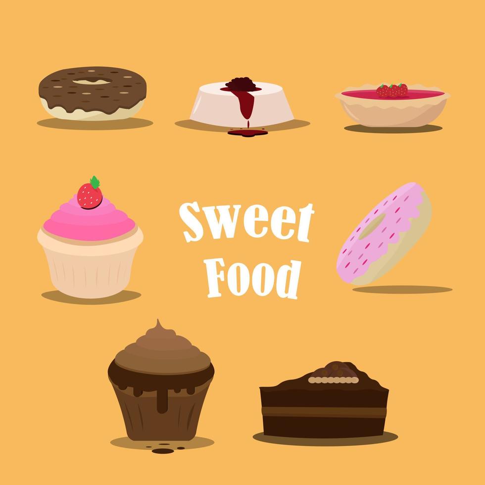 a collection of sweet foods on a yellow background vector