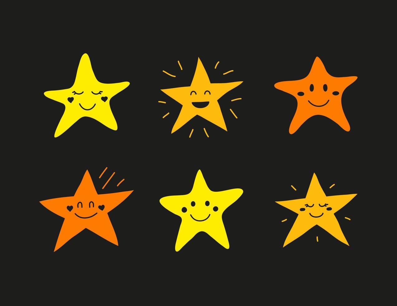 Set of doodle colored star happy character icons isolated on black background. vector