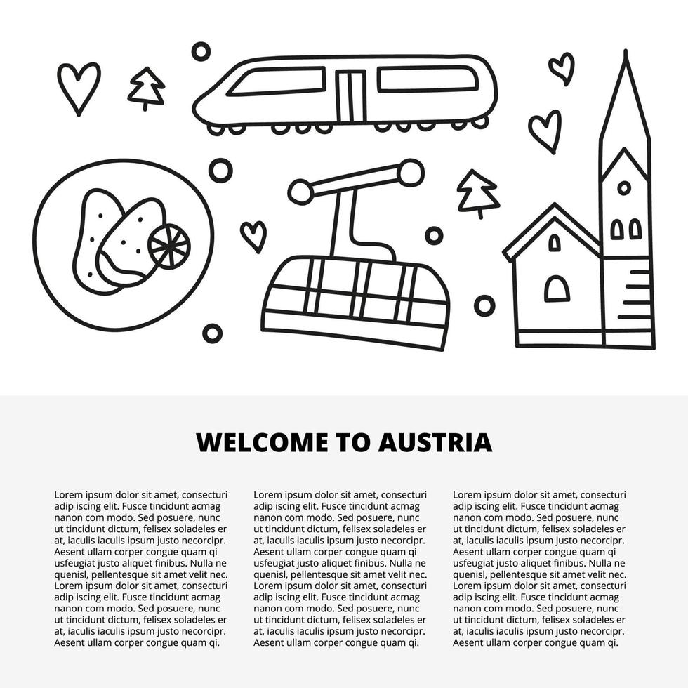 Article template with space for text and doodle outline Austria icons including train, church, schnitzel, cable car, fir trees, hearts isolated on white background. vector