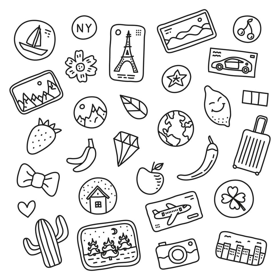 Set of doodle outline souvenir magnets or stickers isolated on white background. vector
