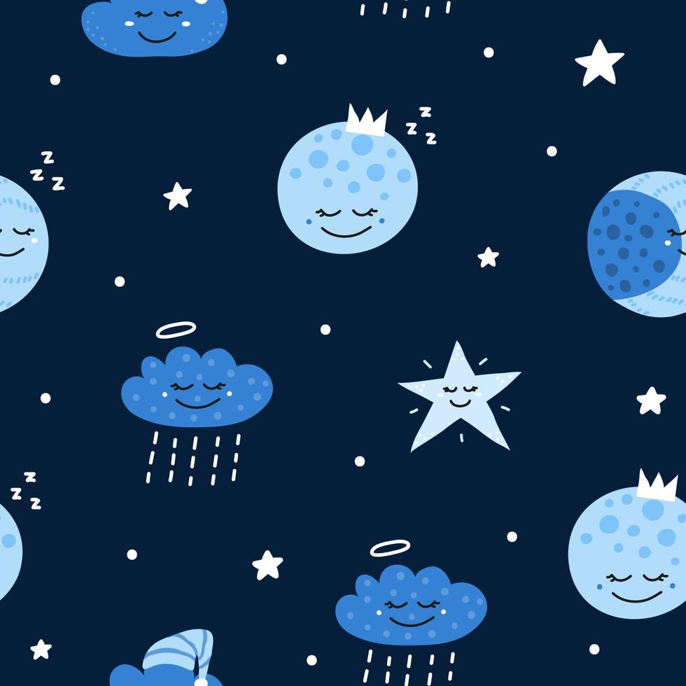 Cute seamless pattern with doodle moon, stars and clouds in Scandinavian style. Perfect for kids design. vector