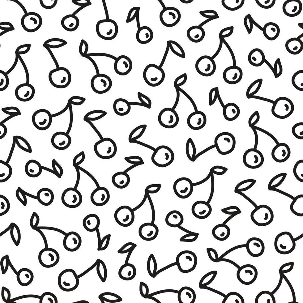 Black and white seamless pattern with doodle outline cherries. vector