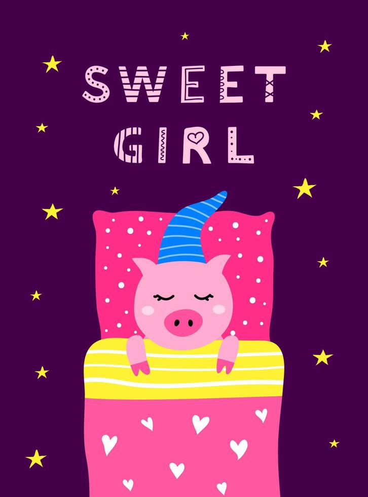 Poster with scandinavian lettering and doodle sleeping piggy in bed with pillow, blanket. vector