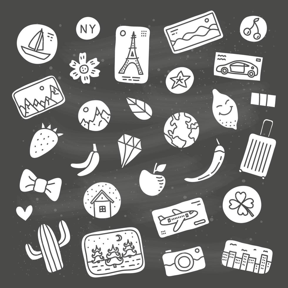 Set of doodle souvenir magnets or stickers isolated on chalkboard background. vector