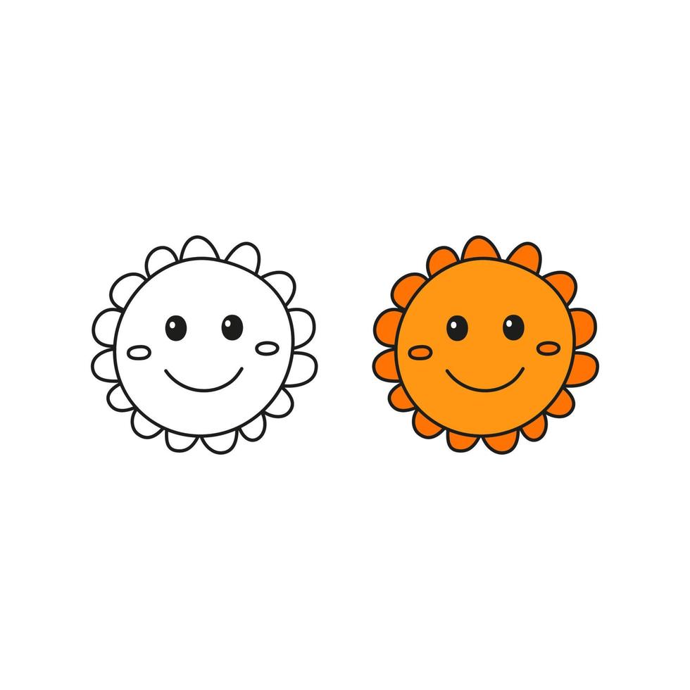 Doodle outline and colored happy smiley sun icons isolated on white background. vector