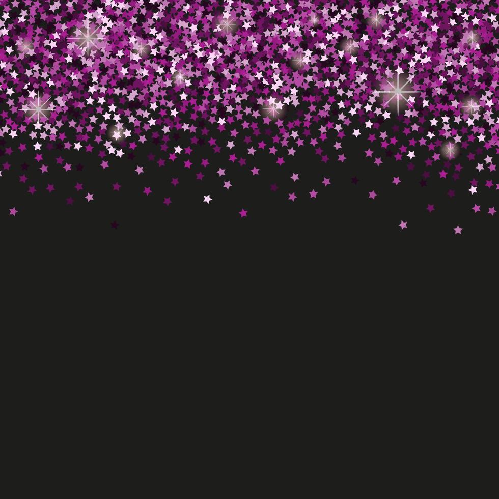 Black background with violet star confetti and space for text. vector