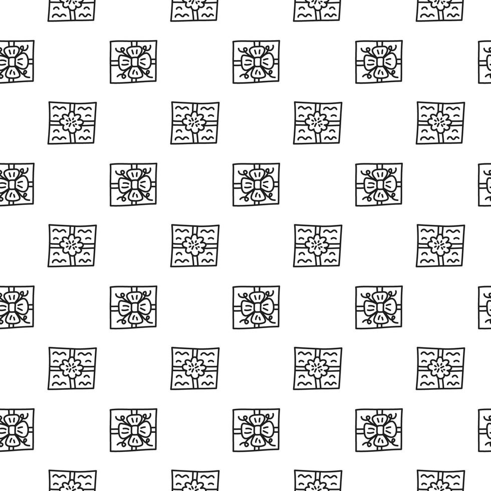 Black and white seamless pattern with doodle outline present boxes. vector
