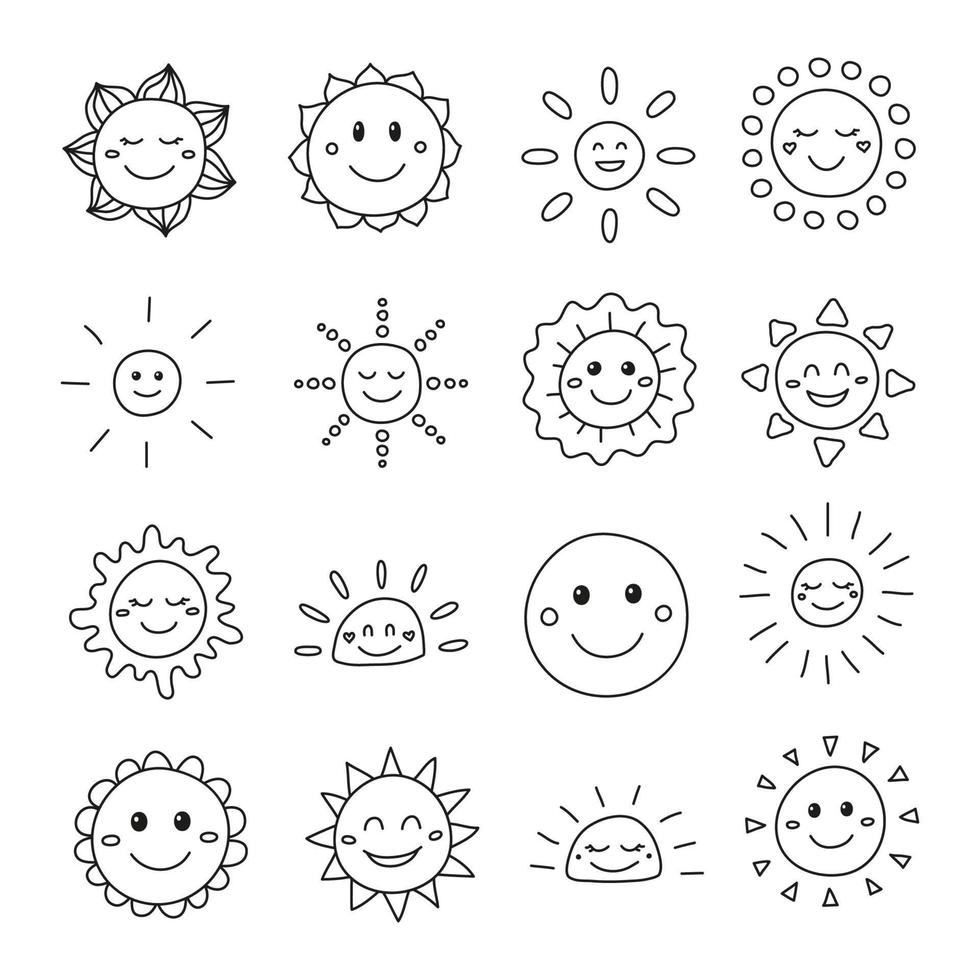 conjunto de iconos de sol sonriente feliz contorno de garabato aislado sobre fondo blanco. vector