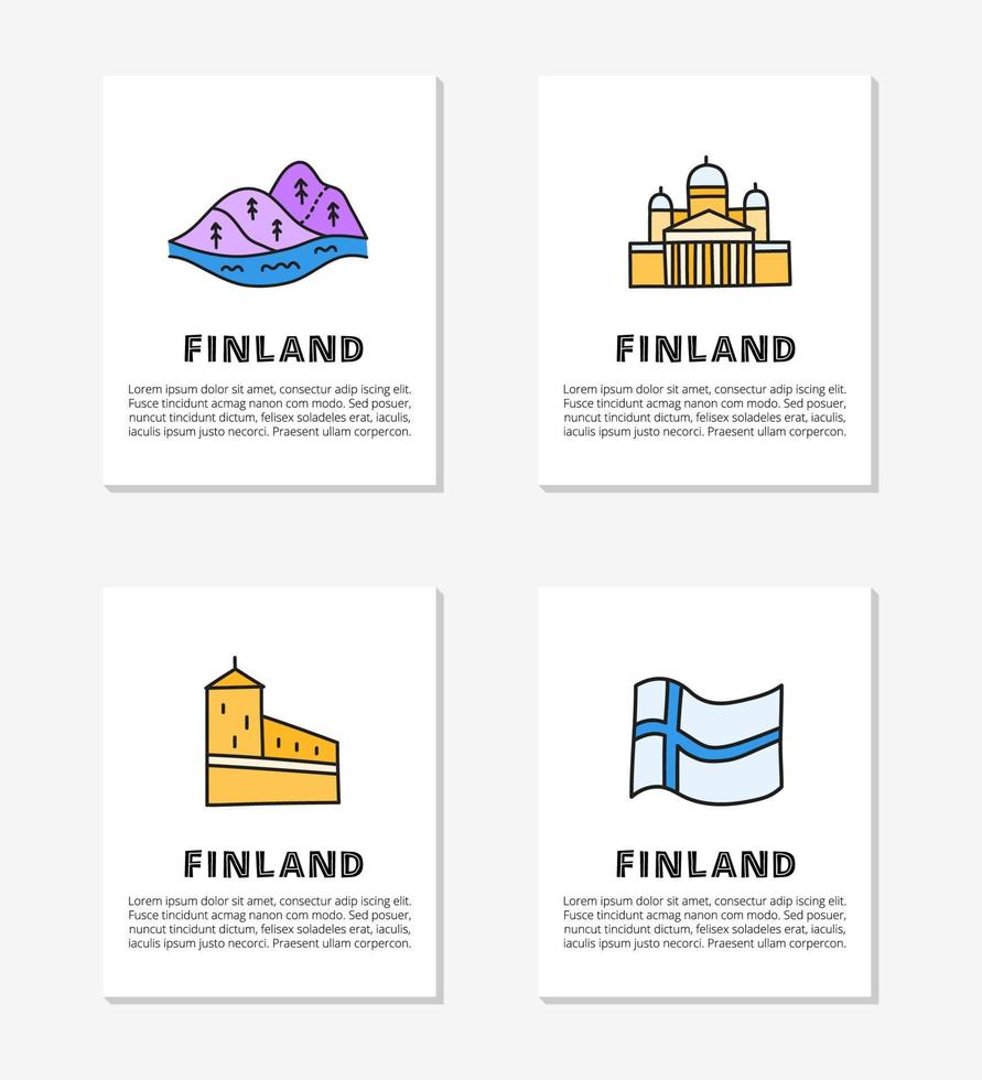 tarjetas con letras e íconos finlandeses de color garabato, incluida la catedral de helsinki, las colinas, el castillo de olaf, la bandera aislada en el fondo gris. vector