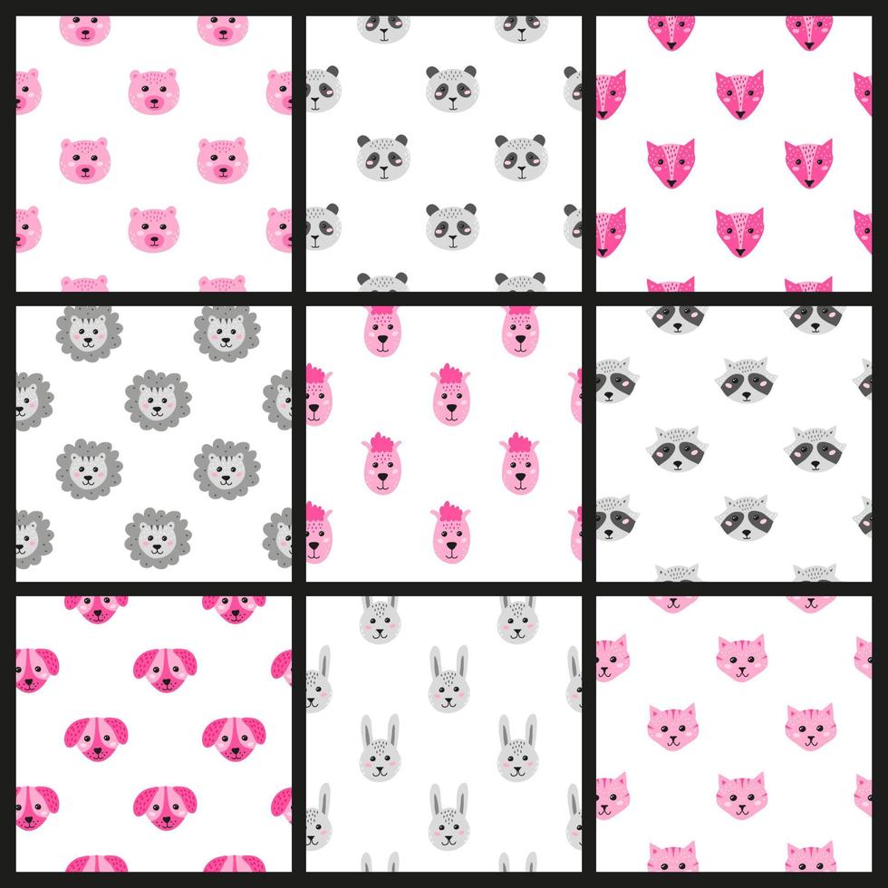 Set of colorful seamless patterns with doodle animal faces. vector