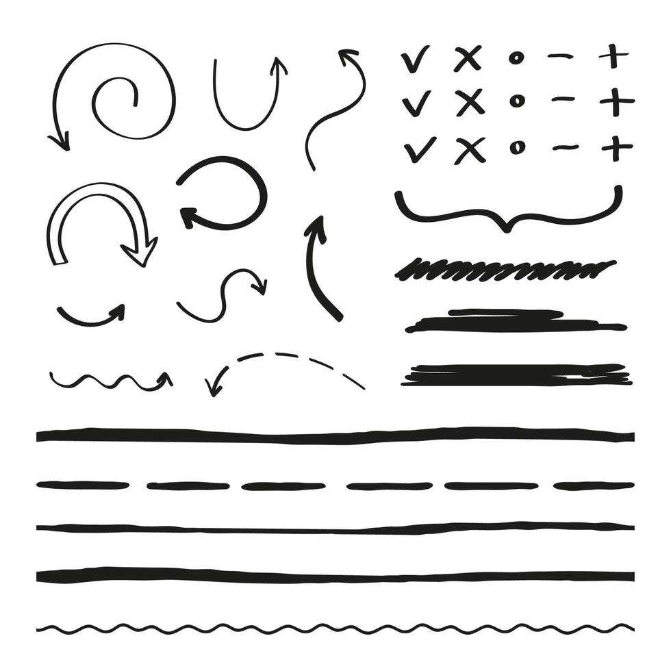 Set of hand drawn markers, arrows, pointers and symbols isolated on white background. vector