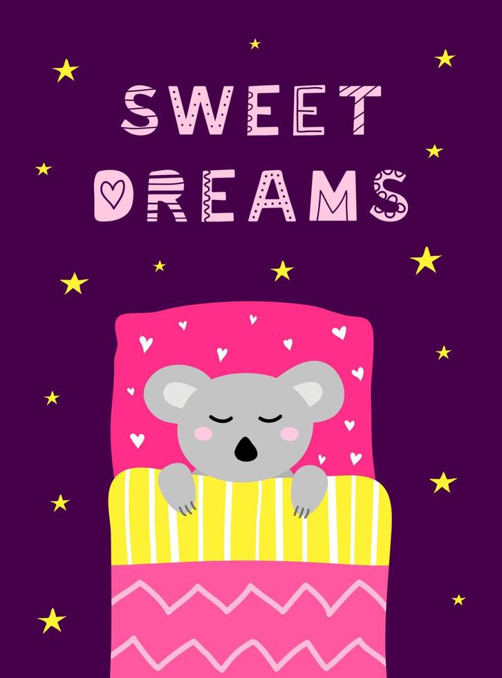 afiche con letras escandinavas y garabato durmiendo koala en la cama con almohada, manta. vector