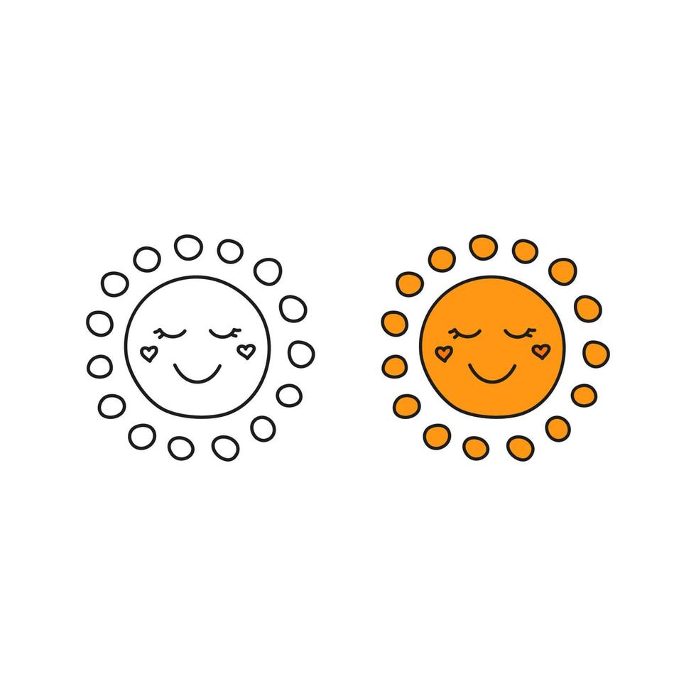 Doodle outline and colored happy smiley sun icons isolated on white background. vector