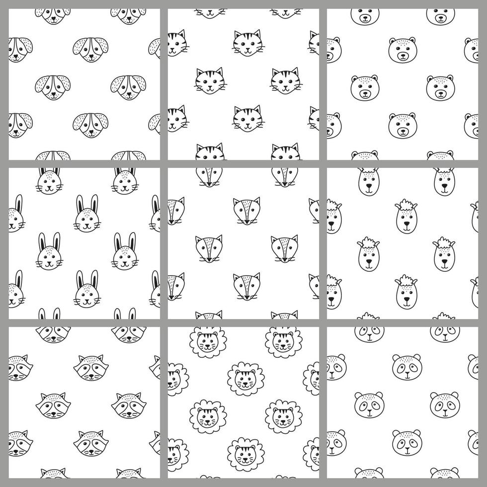 Set of black and white seamless patterns with doodle animal faces. vector