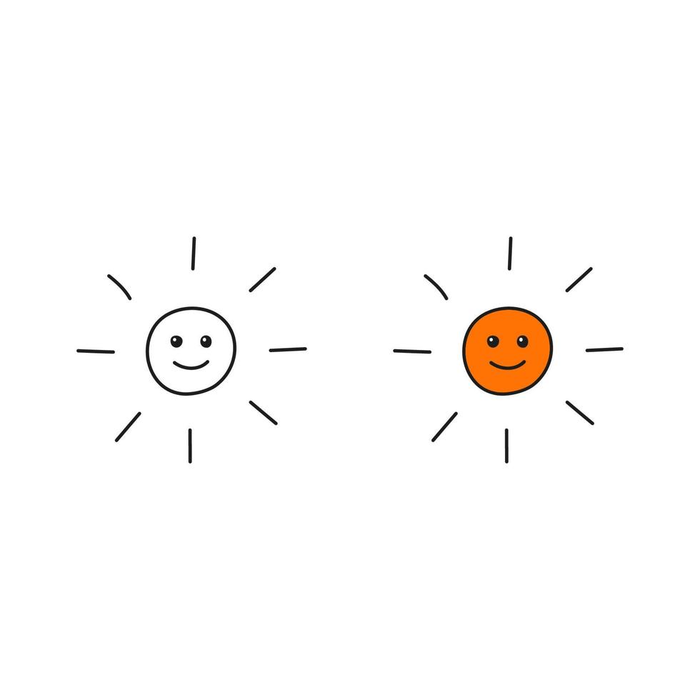 Doodle outline and colored happy smiley sun icons isolated on white background. vector