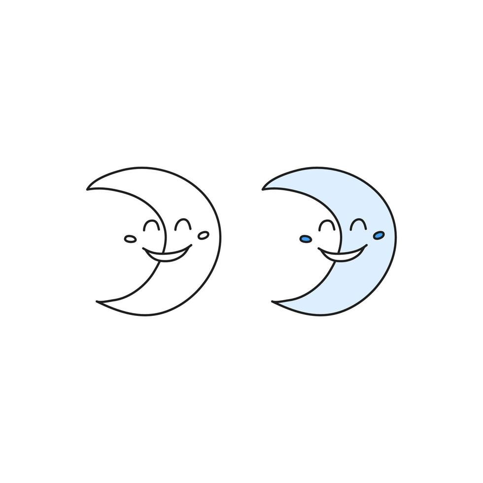 contorno de garabato y personaje feliz de luna coloreada aislado sobre fondo blanco. vector