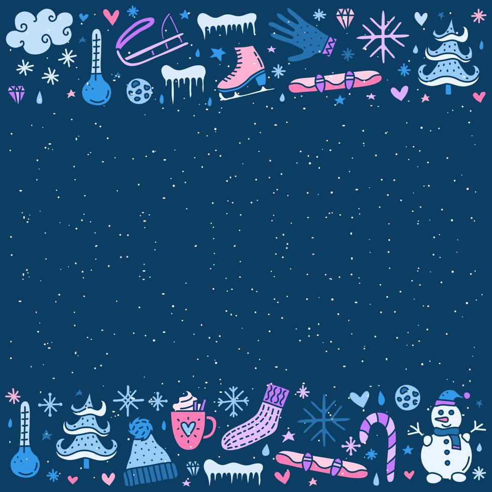 Poster with cute doodle colorful winter icons and symbols around. vector