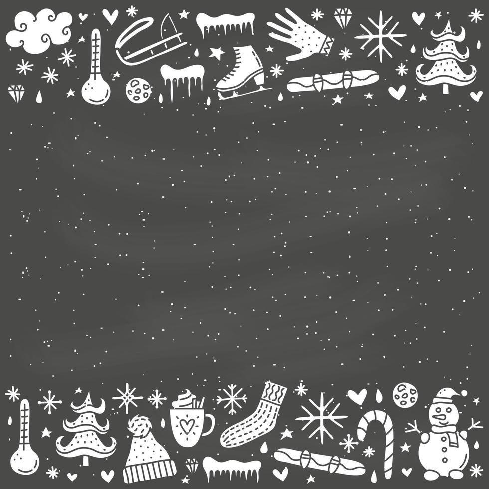afiche con lindos íconos y símbolos de invierno de garabatos alrededor. vector