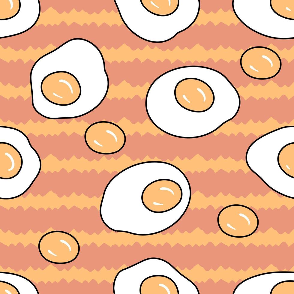 Seamless pattern with fried eggs on abstract striped background. vector