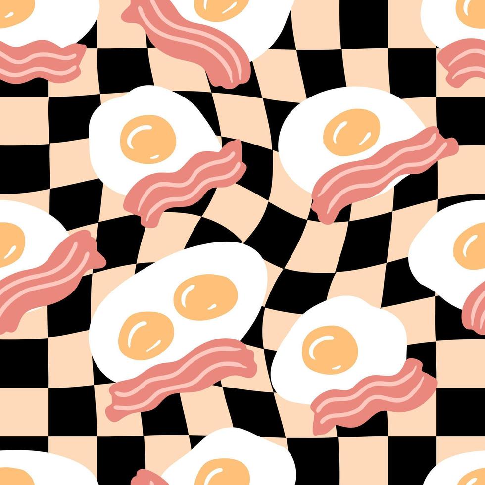 Fried eggs with bacon slices on trippy grid background seamless pattern. vector