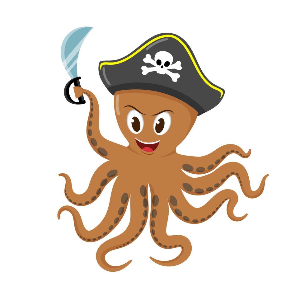 Octopus a pirate with a saber and a black hat. Can be used as a screensaver, picture, illustration, background, icon, for banners, flyers for holidays, birthdays, quests. vector